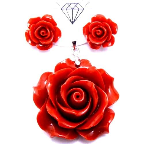 Qingmos Fashion 35mm Rose Red and Blue Synthesize Coral Pendant for Women with 15mm Rose Earrings for Women Set Jewelry pen157