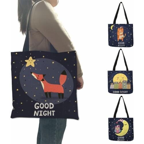 Good Night Animal Pattern Casual Foldable Shopping Bag High Quality Eco friendly Reusable Grocery Tote Handbag Shoulder Bags