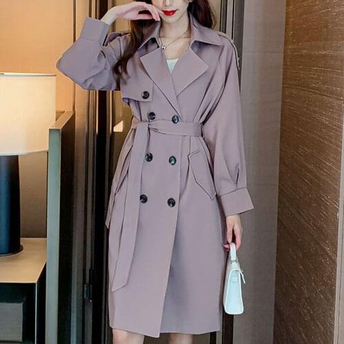 Trendy Women Casual Long Trench Coat with Belt Double Breasted Womens Windbreaker Chic Office Coat Ladies Black Outerwear
