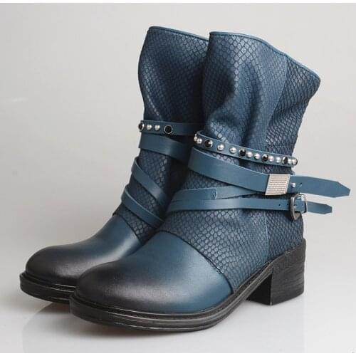 Western New Punk Winter Genuine Leather Women Biker Boots Motorcycle Shoes Chunky Heels Retro Cowboy Pleated Ankle Riding Boots