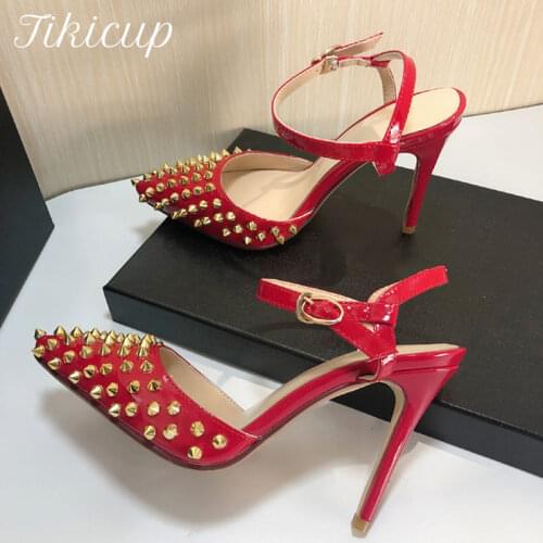 Tikicup Gold Studs Women Pointed Toe High Heel Slingbacks Sandals Summer Sexy Ladies Chic Stiletto Pumps Spikes Designer Shoes