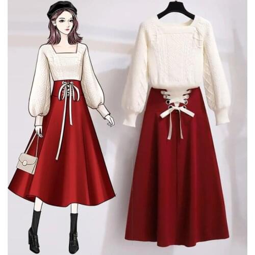 Mid-length skirt suit autumn and winter women 2021 new Korean fashion casual square neck sweater high waist skirt two-piece