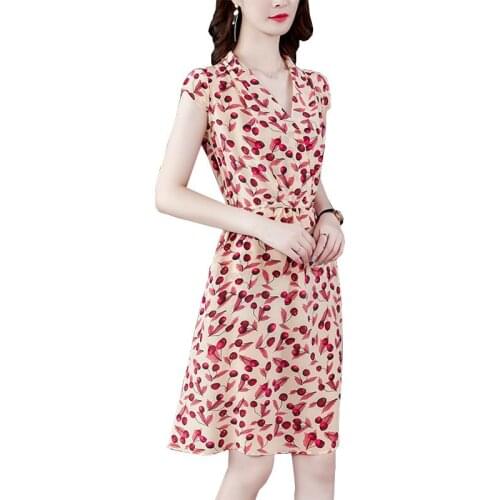 Summer New Fashion Women Plus size Casual Printed Silk Fabric Dress Sexy V-neck Short sleeve Office Female Dresses OK675