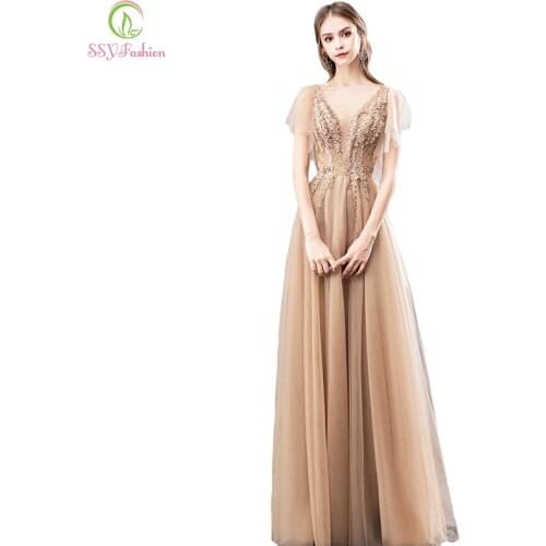 SSYFashion New Elegant Champagne Evening Dress V-neck Lace Appliques Beading Floor-length Prom Gown Formal Dress Robe De Soiree