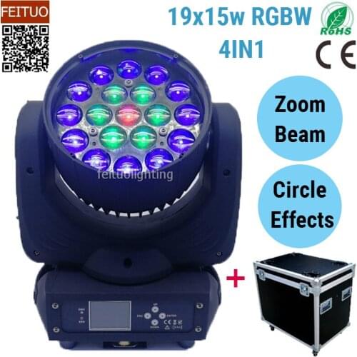 4PCS+1CASE Circle Control Stage Lighting Zoom Moving Head LED 19x15w RGBW 4IN1 Beam Moving Head Light