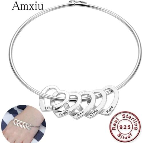 Amxiu Personalized 925 Sterling Silver Bangle Heart Pendants Bangles Custom Name Bracelet Bangles for Women Engrave Name Jewelry