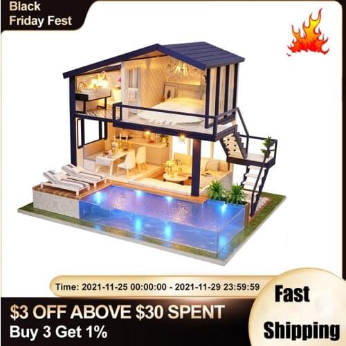DIY 3D Wooden Dollhouse Mini House Furniture Apartment Doll Penthouse Furniture Swimming Pool Girl kids Gift Educational Toys