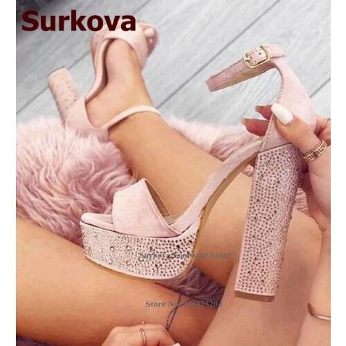 Surkova Elegant Pink Bling Bling Crystal Sandals Sparkling Rhinestone Chunky Heel Platform Wedding Shoes Suede Patchwork Pumps