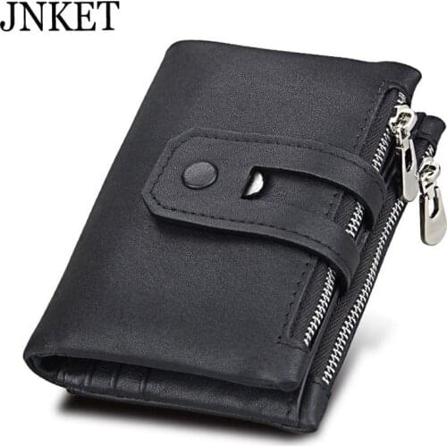 JNKET RFID Antitheft Wallet Genuine Leather Clutch Wallet Mens Wallet Short Wallet Double Zippers Coins Purse Card Holder