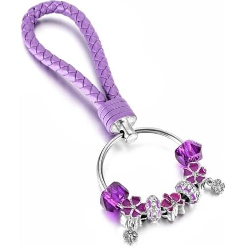 KEORMA Hot Sale Boutique Purple Flower Charm Beads & Pendant Key Chain Women Delicate Car & House Key Chain for Great Accessory
