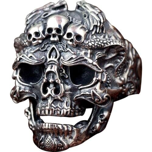 Skull Ring Demon Dragon Warrior Face Statement Vintage Antique Silver Color Punk Gothic Big Thumb USA Biker Jewelry Wholesale