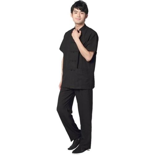 Chinese Traditional Mens Cotton Linen Kung Fu Suit Short Sleeve Wu Shu Sets Shirt&Pant Black Uniform S M L XL XXL XXXL