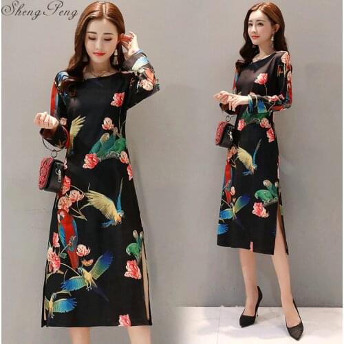 Hot sales modern chinese qipao dresses black chinese dress qipao traditional chinese clothing printing long dress Q465