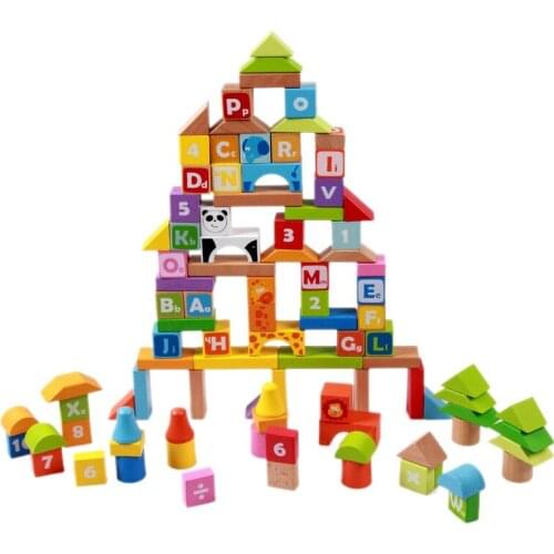 Wooden Building Blocks Set 110 Pieces Child Stacking Block Alphabet Letters, Counting & Shape Building Block Set for Kid