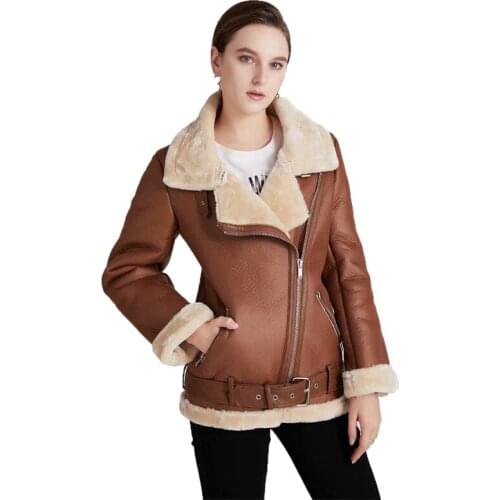 Womens Brown Leather Coat 2021 Winter New Fashion Lapel Zipper Pocket Thickened Warmth Black Temperament Leather Jacket N1285