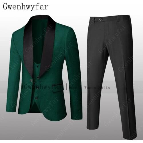 Gwenhwyfar (Jacket+Vest+Pants) New Design Dark Green Mens Butterfly Flower Suit With Black Pants Male Tuxedos Fit Prom Party