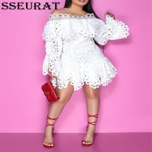 SSEURAT Women Dresses Hollow Out Bare Shoulder Long Sleeve Mini Ruffle Dress Party Club Outfits Fall Fashion