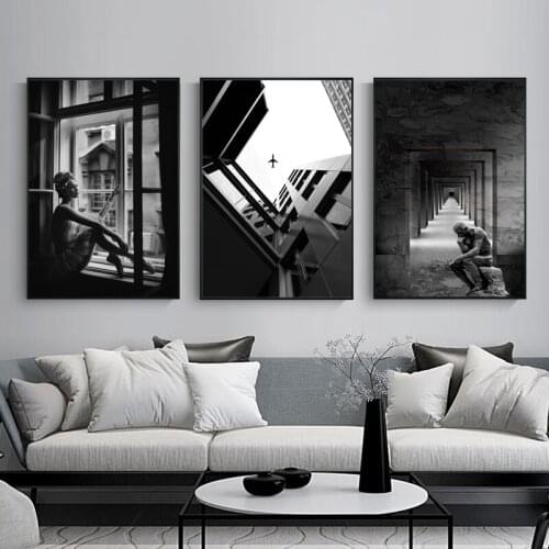 Nordic Poster Black And White Building Canvas Painting Corridor Wall Art Posters Prints Wall Pictures For Living Room Home Decor