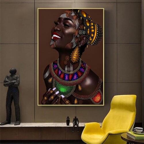 Retro Minimalist Modern Painting African Dark Skin Girl Posters and Prints Wall Art Pictures Modern Room Home Wall Decoration