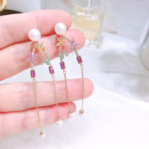 Long Tassel Pearl Tassel Dangle Jewelry Colorful Zirconia Sweet Flower Stud Earrings Romantic Love Gift Gold-Plated Jewelry