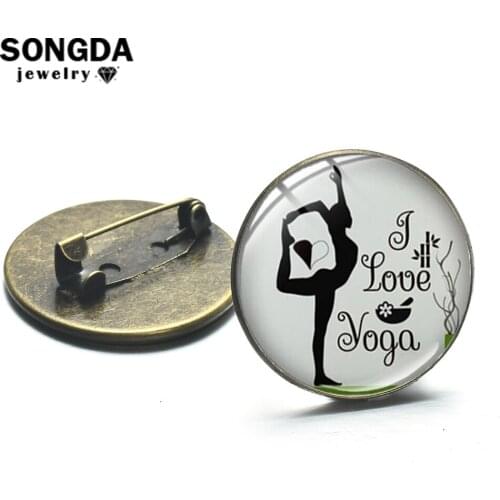 SONGDA Exquisite Yoga Fitness Brooch Art Photo Glass Cabochon Alloy Lapel Pin Button Yoga Club Badges On Denim Clothes Backpack