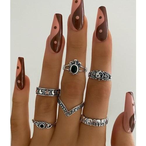 Vintage Antique Silver Color Finger Knuckle Rings Set For Women Girls Moon lotus Charm Bohemian Ring Fashion Jewelry Gift