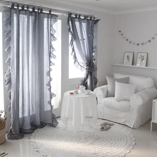 INS Heat insulated Curtains with Ruffle for Living Room Cotton Lace Voile White Grey Pink Curtains for Villa Cafe House