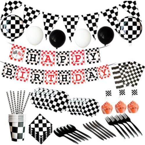 Racing Car Themed Party Supplies Black & White Flag Grid Party Disposable Tablewares Suit Children Birthday Supplies Decoration