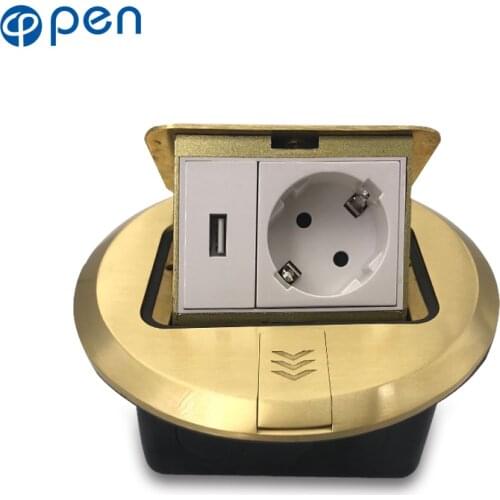 All Aluminum Golden Panel Pop Up Floor Socket 16A Russia Spain EU Standard Power Outlet With USB Charging Port 5V 1A