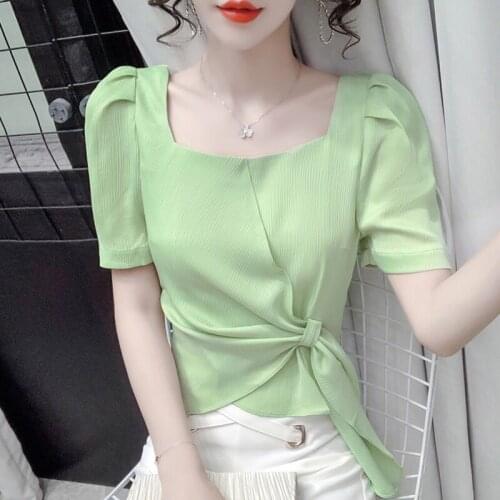Chiffon blouse womens summer 2021 new sweet waist slimming square collar short sleeve retro western style