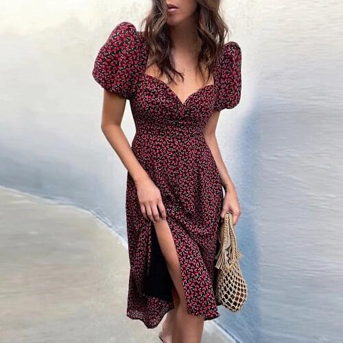 Women Floral Print Vintage Square Collar Midi Dress Summer Elegant Puff Sleeve Sexy Split High Waist Casual Slim Holiady Vestido