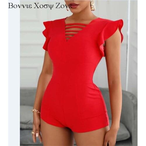 Women Short Sleeve V-Neck Plain Ruffles Hem Skinny Romper Daily Sweet Jumpsuit