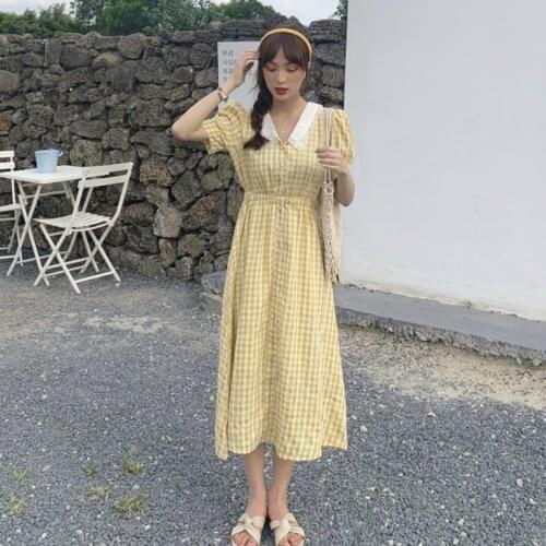 Japanese Mori Girl Women Dress 2021Summer Hollow out Vestidos New High Waist Yellow Plaid Dresses