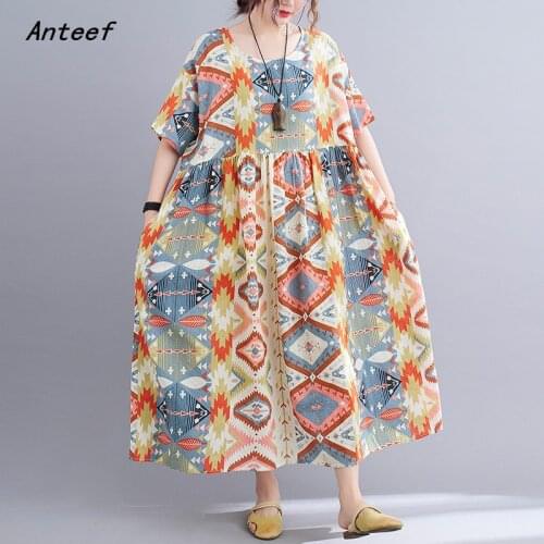 Short sleeve cotton vintage floral dresses for women casual loose long summer dress elegant clothes 2021 sundress