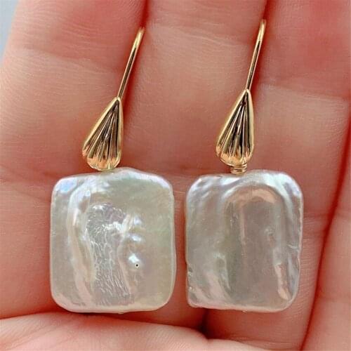 15-17mm White Baroque Pearl Earrings 18k Ear Drop Cultured Irregular Earbob Fashion Real Wedding