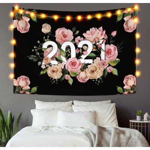 2121 Pink Roses Black Background Wall Hanging Creative Plant Tapestry Living Room Bedroom Photography Decorative Tapestry