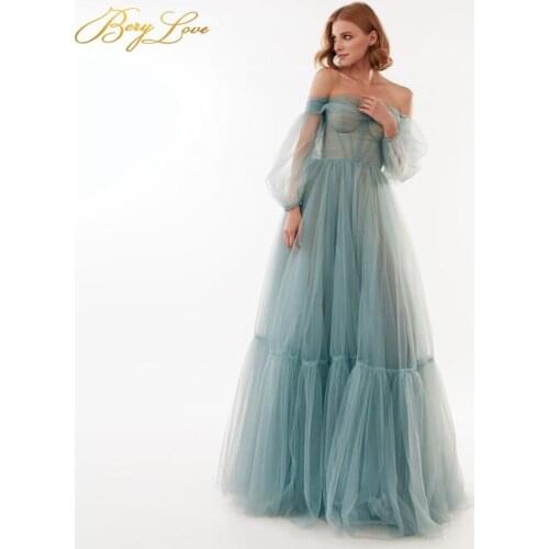 Berylove Green A line off the Shoulder Prom Dress Sweetheart FloorLength Pleat Tulle Evening Dresses Elegant vestido Formal Gown