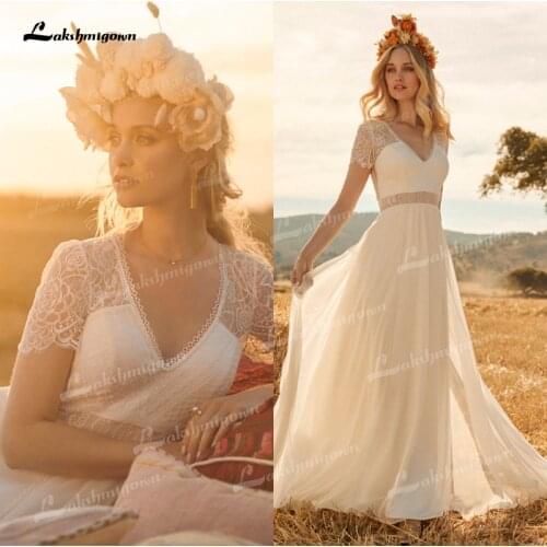 Bohemian Wedding Dress 2021 V-Neck Short Sleeve Floor Length Lace And Chiffon robe de mariage Simple Beach Elegant Bridal Gowns