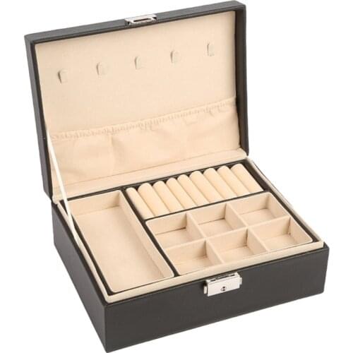 Double Layer Leather Jewelry Box Organizer Case Large Storage Necklace Ring T21F