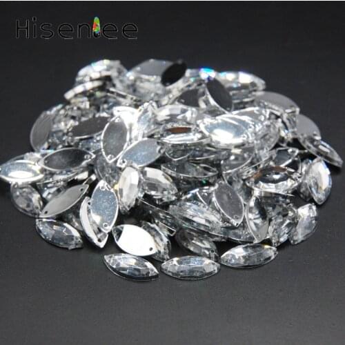 Hisenlee Crystal Clear Acrylic Flat Back Marquise Rhinestones Horse Eye Stones Double Hole Gem Sew-On Arts Clothing DIY