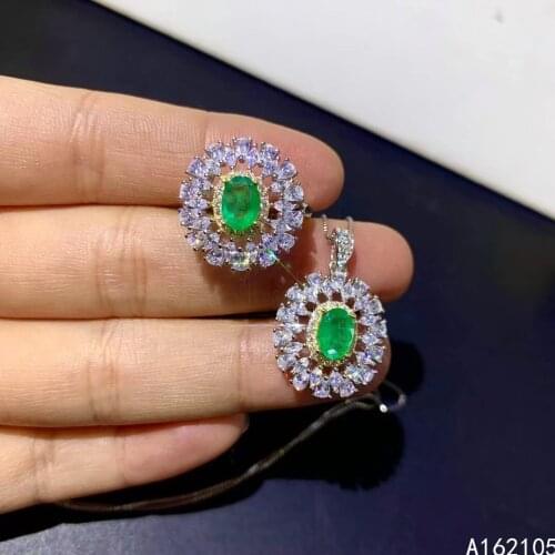 Fine jewelry 925 pure silver Chinese style natural emerald womens luxury classic flower gem pendant adjustable ring set support