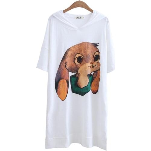 Zuolunouba Summer Office Lady Cotton Hooded T-shirts Women Clothes Cartoon Bunny Loose Half Sleeve Tees Tops Plus Size