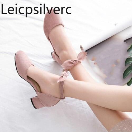 Spring and autumn fashion butterfly Knot Round head Shallow mouth Buckle Thick heel mid heel Womens shoe plus size 30-43