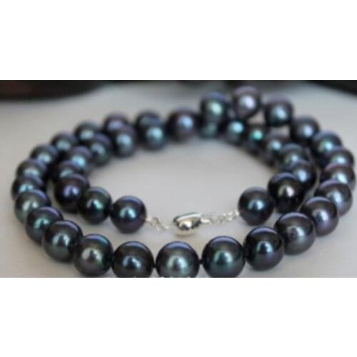 Natural 9-10mm Black Tahitian Cultured Pearl Necklace 18"AAA 36"