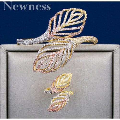 Newness Luxury leaves Rhinestones Wedding Jewelry Sets Cubic Zircon Three Color Copper Feathe Shape Bracelets Bangle Ring