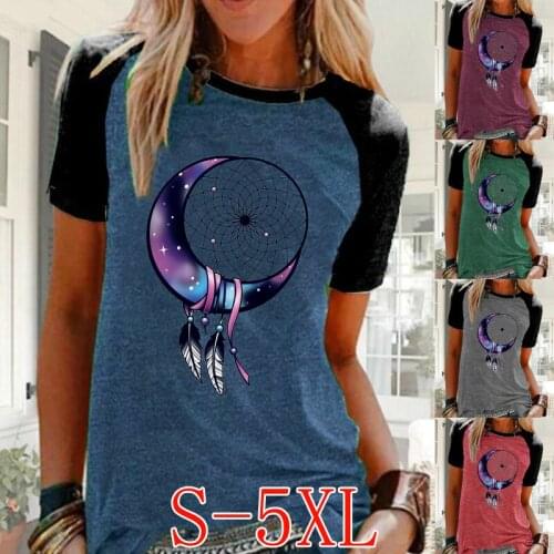 New Fashion Women Summer Loose Round Neck Short Sleeve Casual Graphic Shirts & Tops Color Block Blouse Plus Size