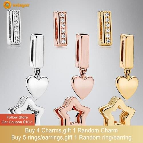 Volayer 925 Sterling Silver Bead Silver Star Timeless Sparkle Heart Dangle Clip Charms fit Original Pandora Reflexions Bracelets