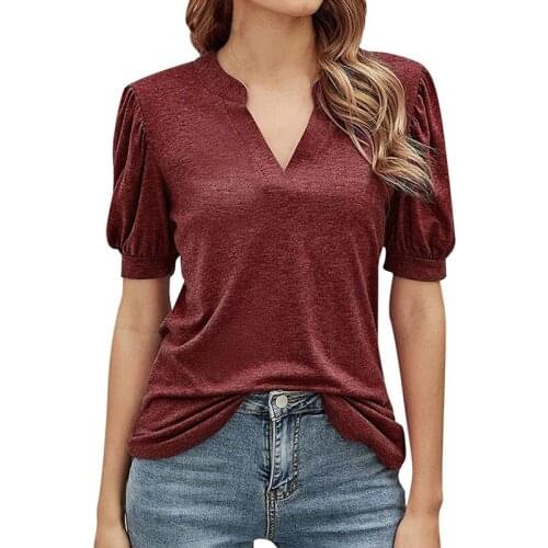 Simple Style Solid Color T Shirt Women Harajuku Tops Women 2021 Summer New Plus Size V Neck Pullover Short Sleeved T-shirt