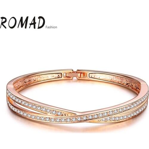 ROMAD Gift Classic Bracelet ROMAD Bracalet For Women Rose Gold and White Gold Color Bangles Cross-shaped Zircon Fashion Jewelry