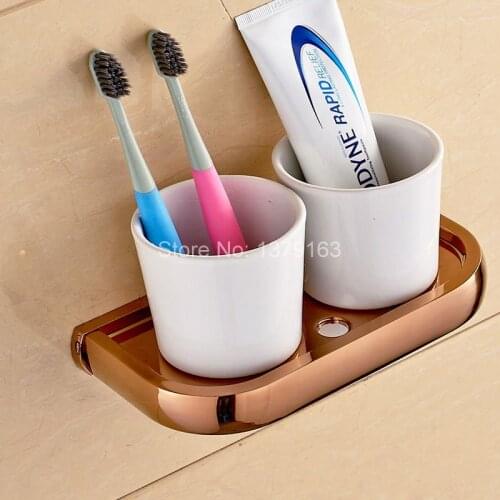 Luxury Rose Gold Brass Bath Hardware Wall Mounted Double Tumbler Holder White Ceramics Toothbrush Cup Bathroom Accessory aba870